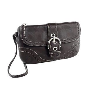 Coach Brown Buckle Pocket Corner Zip Leather Wristlet Clutch
